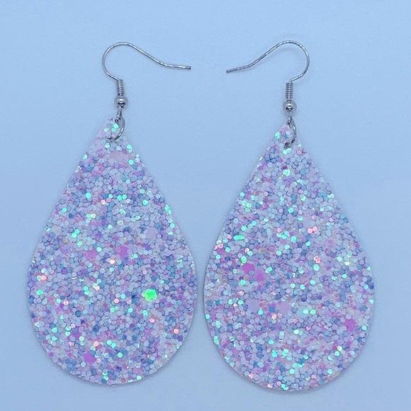 Faux Leather Teardrop Earrings Sparked White Pink Purple - Picture 2 of 4